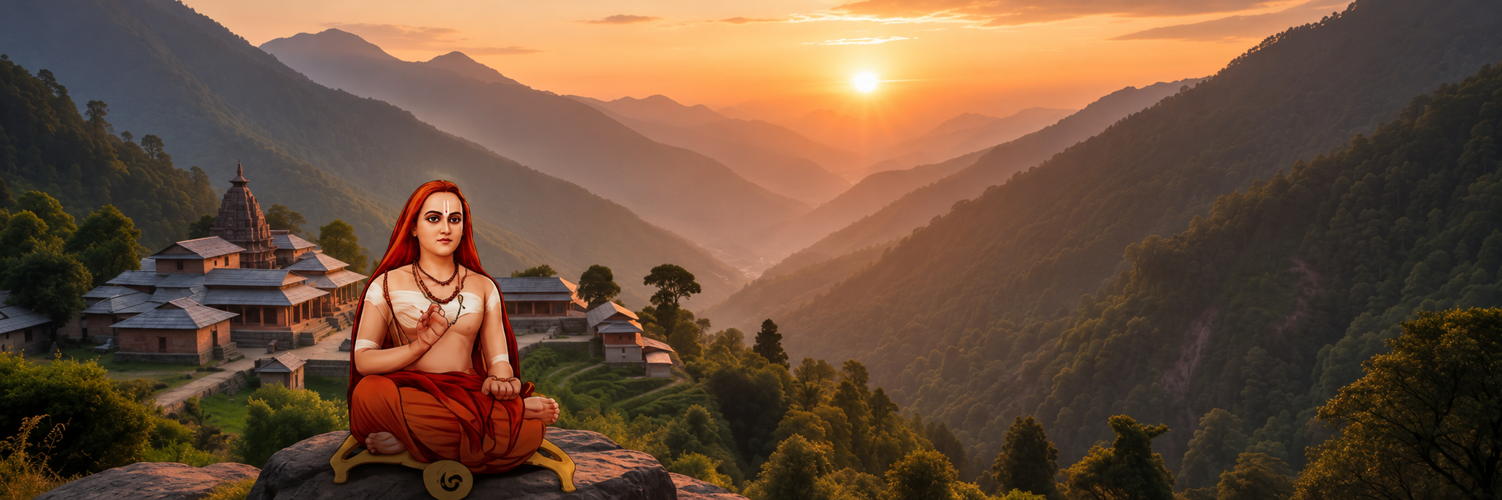 Adi Shankaracharya seated before a mountain temple at sunrise